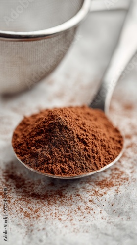 A stunning close-up portrait of an elegant silver spoon filled with premium quality coffee powder. The rich textures are beautifully highlighted.