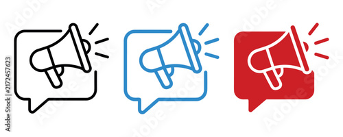 Megaphone communication vector icons set in black, blue, and red colors for announcements and messaging