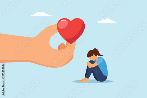 Foto Sad lonely girl sitting on floor receiving comfort and love from giant hand