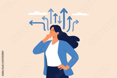 Bild auf Leinwand Confused businesswoman thinking about choices and decisions with directional