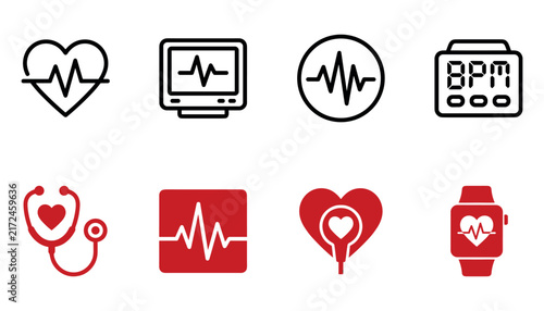 Set of medical heartbeat, pulse monitor, and cardiology icons on white background