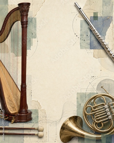 Classical Music Instrument Border with Harp, Flute, French Horn and Percussion Mallets on Textured Paper. AI generative