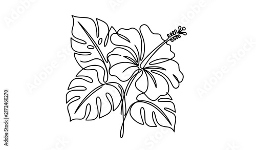 Hibiscus and Tropical Foliage Single Line Vector Design