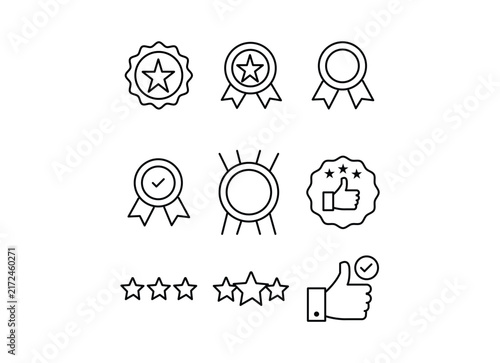 Product Quality Assurance Line Icons with Star Rating Feedback Certification and Approval Symbols.