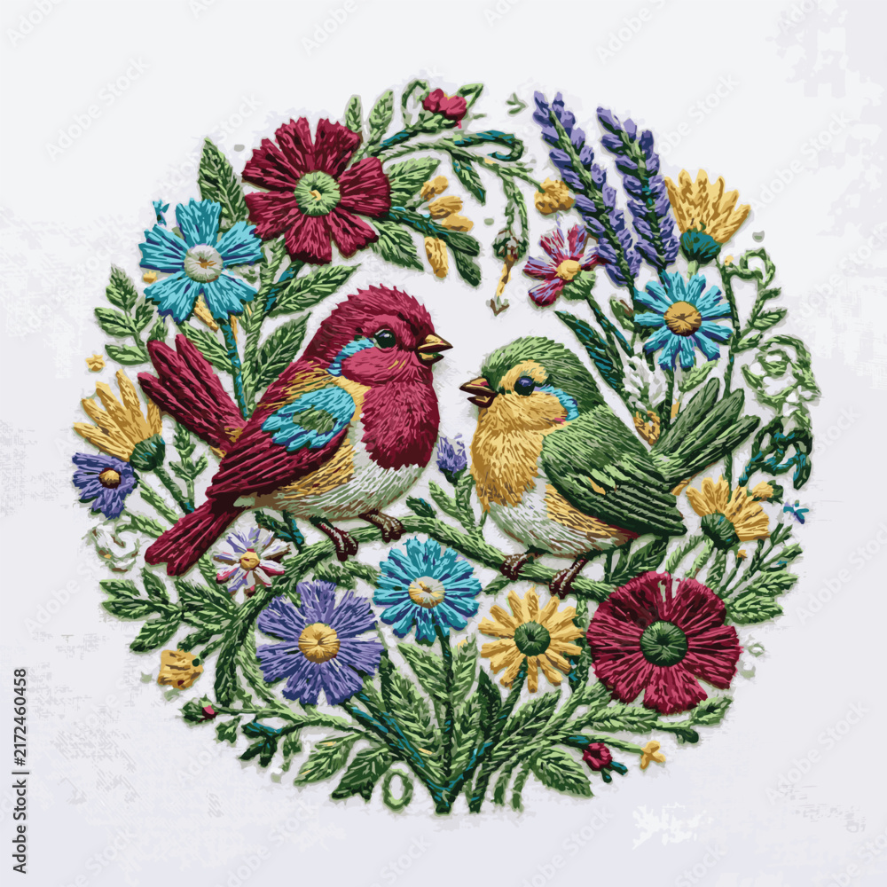 Obraz premium Created on A Hand drawn whimsical embroidered design of birds and flowers in vibrant colors with vector art on white background