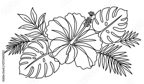 Hibiscus Flower with Tropical Leaves Continuous Line Vector