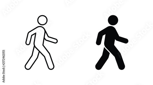 Two walking person icons one outlined and one solid in black and white silhouette