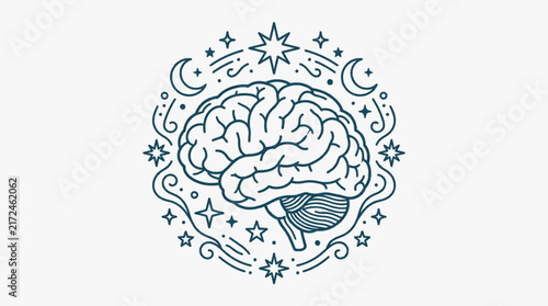 Foto Line art illustration of a human brain surrounded by stars and crescent moons in a cosmic mystical style, anatomical brain diagram with celestial elements on a white background
