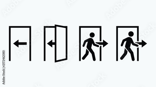 Exit signs with directional arrows and walking figures in black silhouette