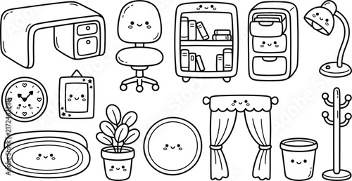 Kawaii office furniture set with cute desk chair and accessories in flat vector style
