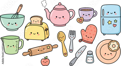 Hand drawn kawaii doodle set featuring cute characters and decorative elements for design.