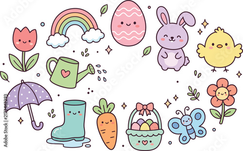 Cute Easter doodle set with hand drawn spring holiday icons and festive decorative elements.