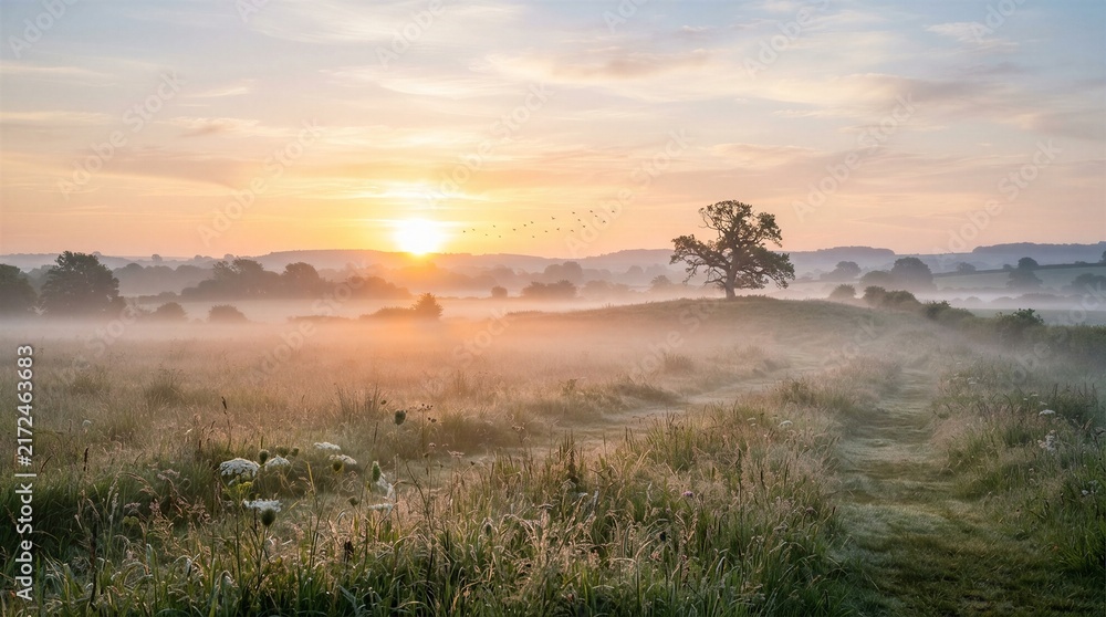 Naklejka premium Golden sun rises over misty morning field. Grass sways gently, dotted with wildflowers. Single tree stands proud on distant hilltop. Mist hugs earth, softening horizon's edge