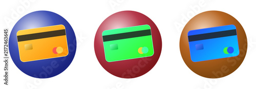 Credit card icons on blue burgundy and brown spheres for secure payment systems.
