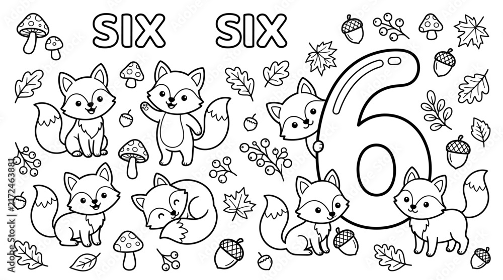 Fototapeta premium Coloring Page for Kids with Number Six and Cute Foxes