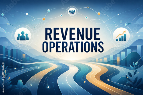 Modern revenue operations concept with connected business icons, analytics charts, and flowing pathways in a blue and gold digital landscape.