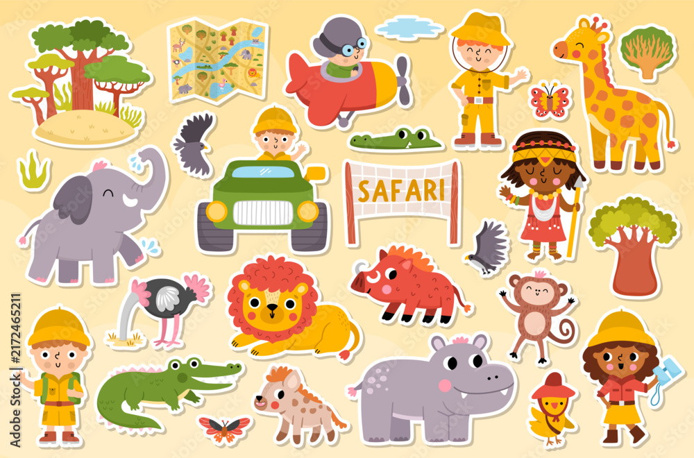 Naklejka premium Safari animals stickers set for kids. Vector African birds, trees collection. Cartoon savanna patches pack with ranger, plane. Lion, elephant, zebra, giraffe clipart. Savannah wildlife illustration