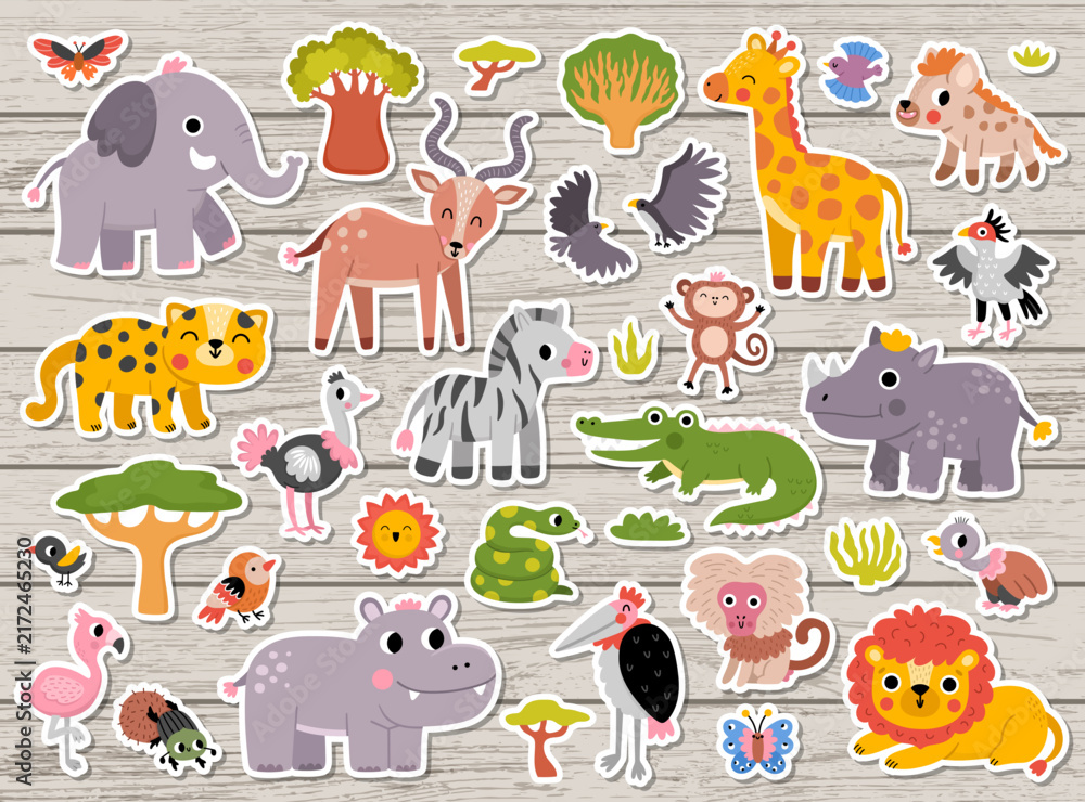 Naklejka premium Safari animals stickers set for kids. Vector patches collection with African birds, tree, plants. Cartoon savanna pack. Cute lion, elephant, zebra, giraffe clipart. Savannah wildlife illustration