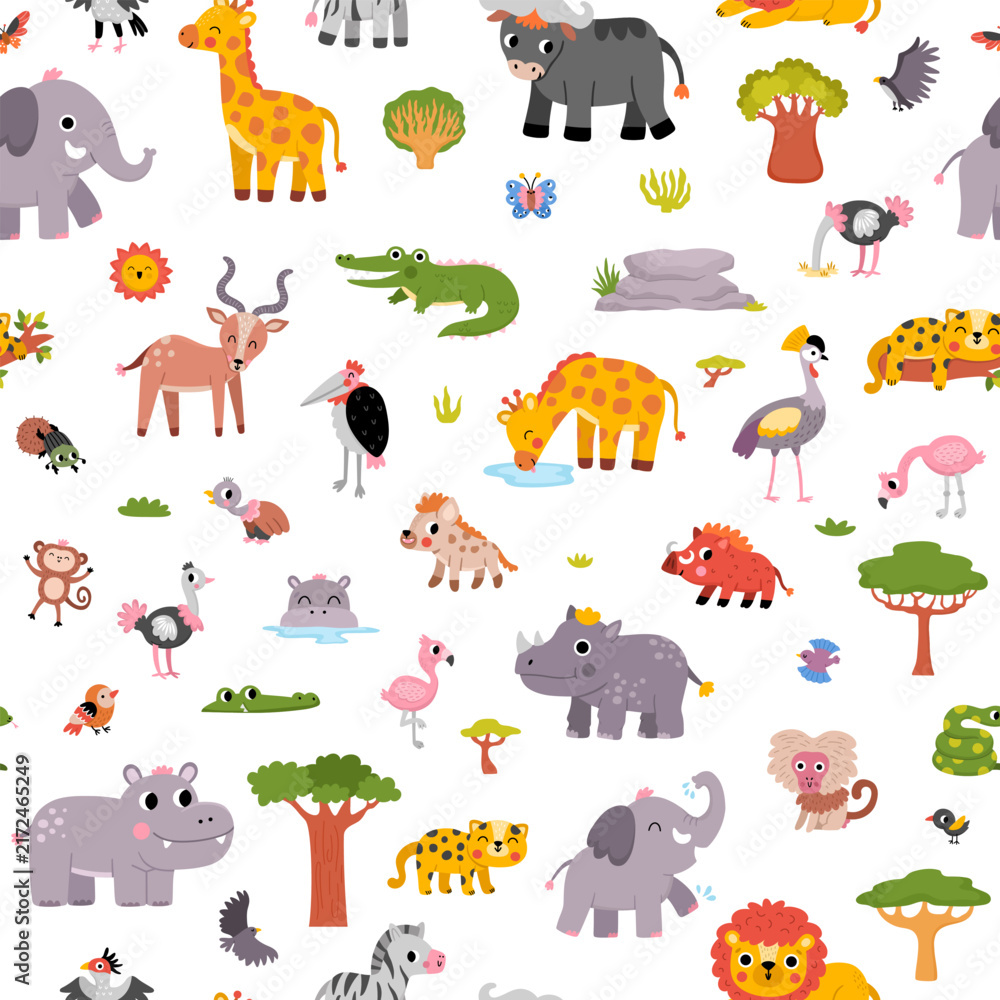 Fototapeta premium Safari animals seamless pattern for kids. Vector African birds, insects, trees, plants repeat background. Cartoon savanna digital paper with lion, elephant, zebra, giraffe. Savannah wildlife texture
