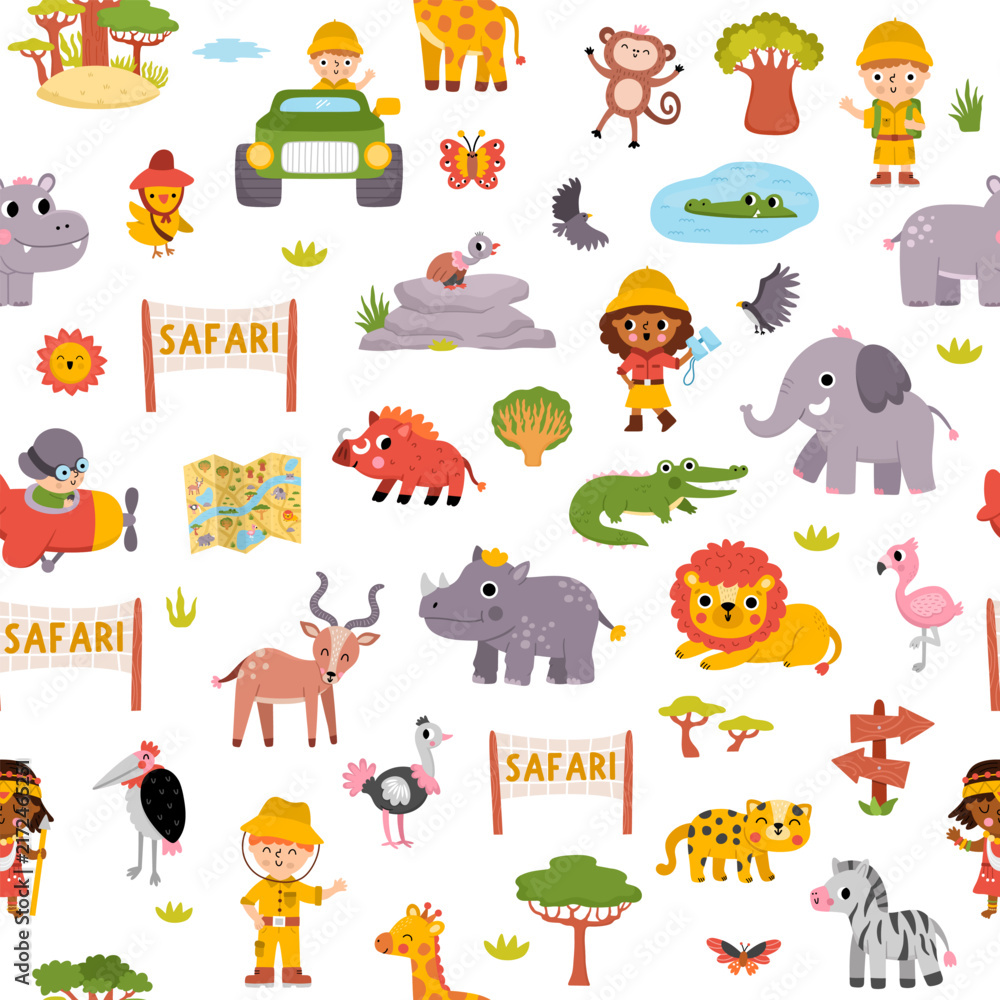 Naklejka premium Safari animals seamless pattern for kids. Vector African repeat background with bird, tree. Cartoon savanna digital paper with ranger, plane, lion, elephant, zebra, giraffe. Savannah wildlife texture