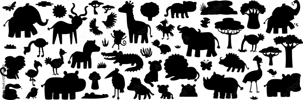 Naklejka premium Big safari animals silhouettes set. Vector African birds, insects, trees, plants black shadows. Cartoon savanna collection with hippo, lion, elephant, zebra, giraffe. Savannah wildlife illustration