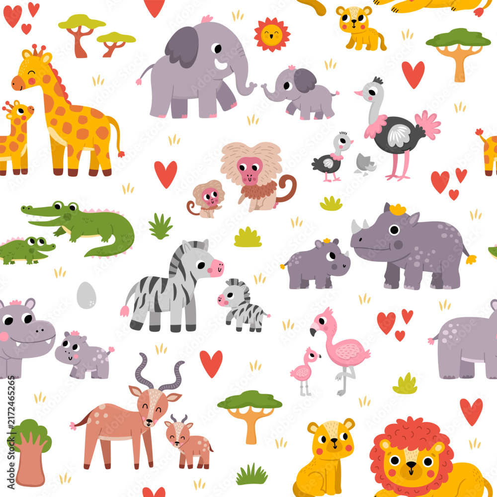 Naklejka premium Safari seamless pattern with mother and baby animals, bird. Vector African animal family repeat background. Savanna digital paper with lion, elephant, zebra, giraffe. Savannah wildlife texture