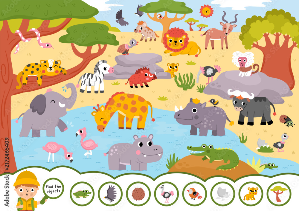 Naklejka premium Vector searching game with African savanna landscape. Spot hidden objects. Safari seek and find printable activity for kids. Wild savannah nature worksheet with animals, birds, giraffe, zebra