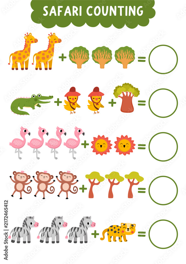 Fototapeta premium Counting game with cute savanna animals, birds, trees. Safari math addition activity for preschool kids. Simple sums African savannah printable worksheet with giraffe, monkey, zebra, leopard, baobab