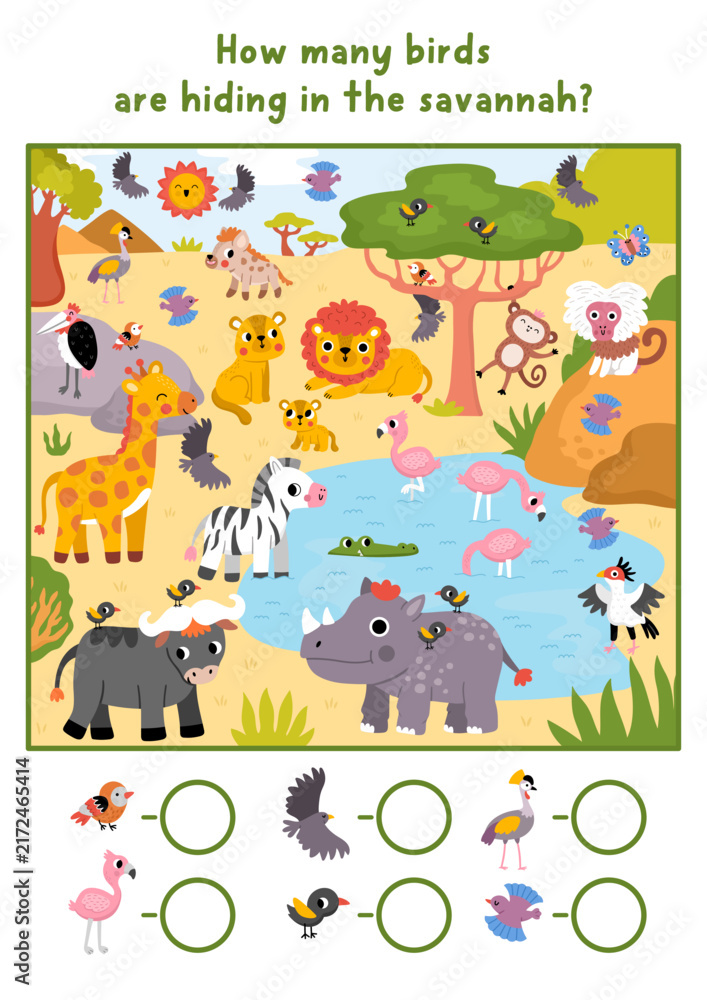 Naklejka premium Vector searching game with African savanna landscape. Spot hidden birds. Safari seek and find printable activity for kids. Wild savannah nature worksheet with animals, flamingo, crowned crane, eagle