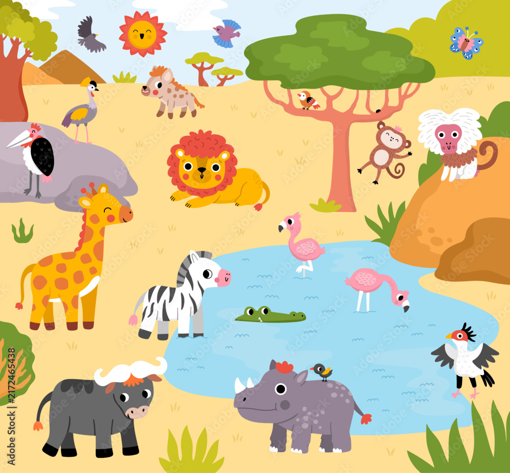 Naklejka premium Square cartoon African animals landscape. Nature savanna background with trees, plants, cliffs, lake. Safari wildlife scene with elephant, hippo, giraffe, lion, flamingos, crocodile, hyena, monkey
