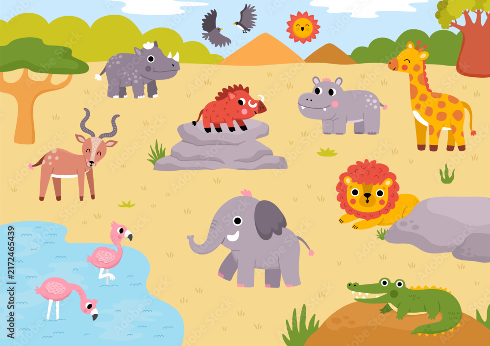 Naklejka premium Horizontal cartoon African animals landscape. Nature savanna background with trees, plants, cliffs, lake. Safari wildlife horizontal scene with elephant, giraffe, lion, flamingos, antelope, crocodile