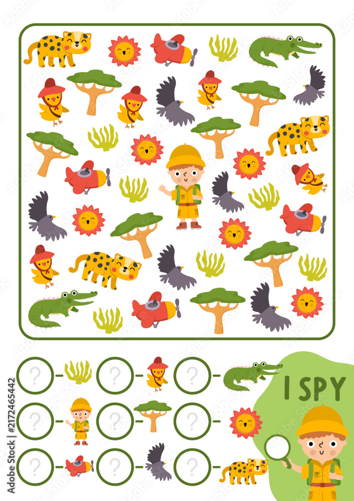 Fototapeta premium Safari I spy game for kids. Searching and counting activity with savanna animals, birds. Wildlife printable worksheet for children. Simple African savannah spotting puzzle with plane, boy explorer