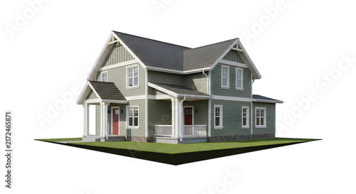 Modern two story house with a porch and grey roof isolated on transparent background