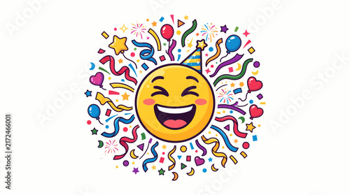 Photography Cheerful emoji wearing a festive party hat surrounded by colorful confetti ribbo