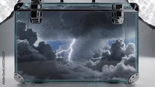 4k AI generated lightning storm flashes inside transparent glass suitcase under studio light