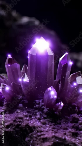 4k AI generated vertical video of purple crystal geode glowing brightly in darkness