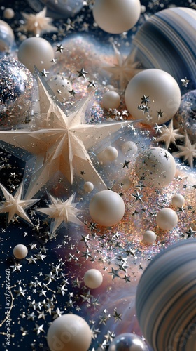 Festive holiday scene with glowing paper stars, shimmering ornaments, and sparkling glitter against a deep blue cosmic background, evoking magic and celebration.