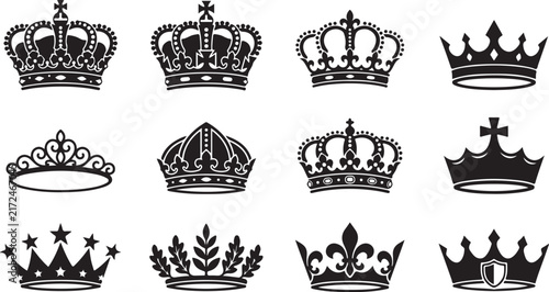 Fotografie Set of twelve black silhouette crown featuring detailed royal headwear, tiaras,