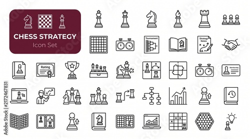 Cuadro en lienzo Chess Strategy Icon Set with Chess Pieces, Board Tactics, and Game Strategy Symb