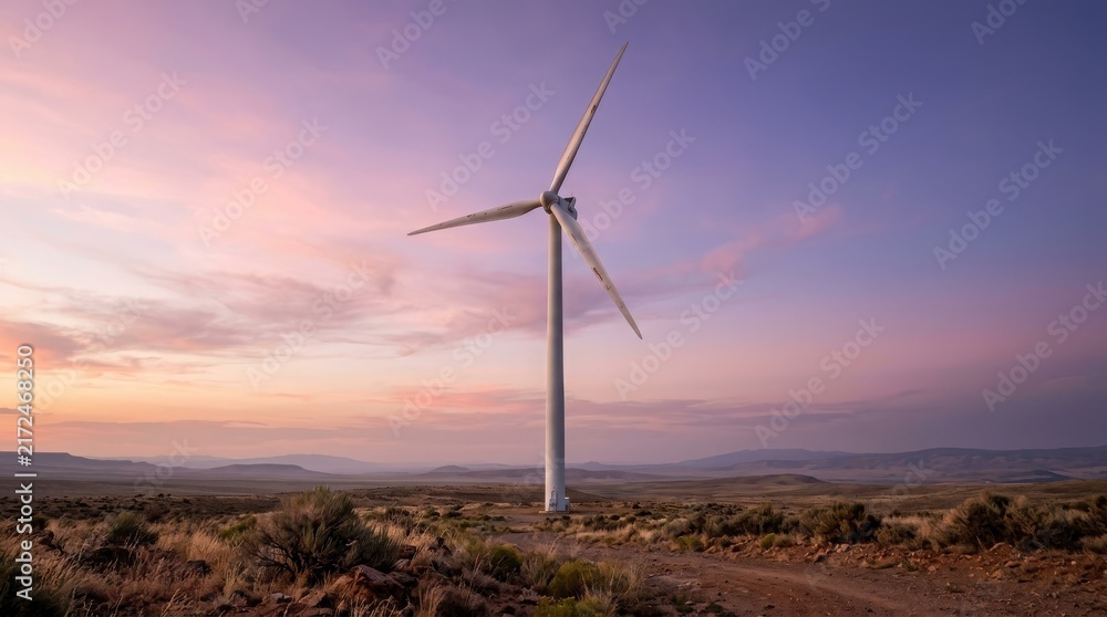 Obraz premium Wind turbine in desert landscape at sunset with purple sky