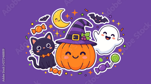 Canvastavla Spooky halloween vector illustration featuring a cute smiling pumpkin wearing a