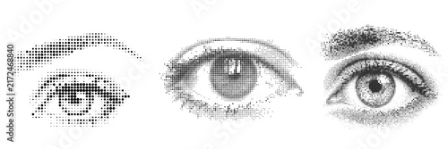 Halftone dots human eye sketch vector set displays detailed female eyes with halftone texture shading. Vintage pencil drawing illustration elements are isolated on a white background.