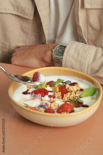 Gourmet breakfast with fresh croissants, toast and colorful fresh ingredients served on a table