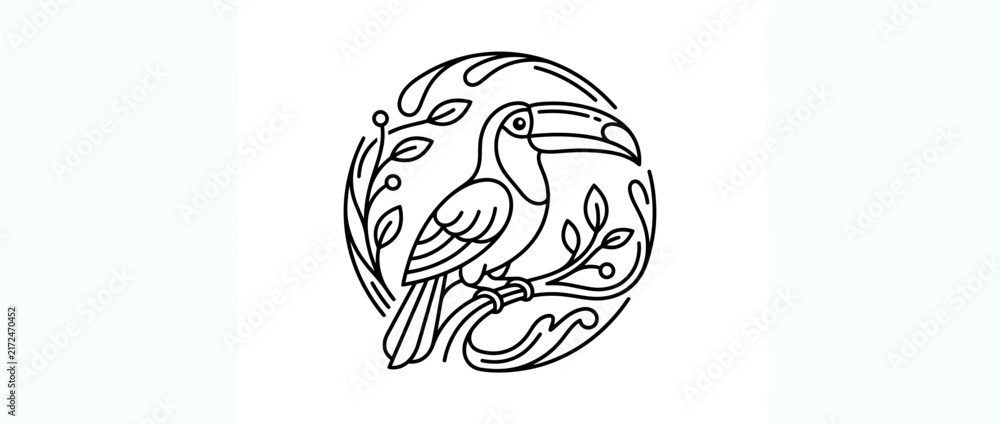 Naklejka premium Stylized Toucan on Branch with Leaves, Line Art