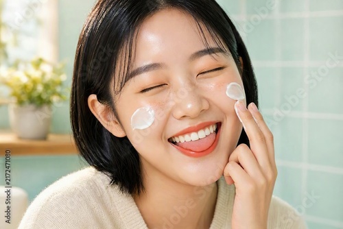 Happy Young Asian Woman Applying Face Cream in Bathroom, K-Beauty Skincare and Facial Care Concept.