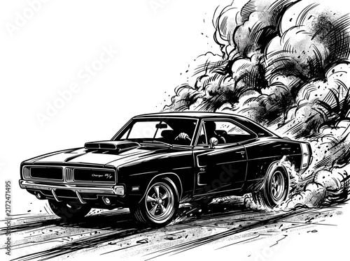 Classic American Muscle Car Burnout with Tire Smoke in Black and White Vintage Automotive Illustration