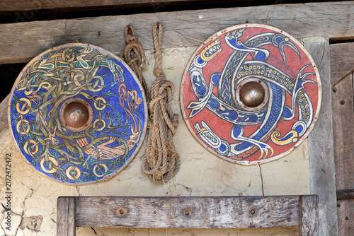 Viking shields hanging on a wall