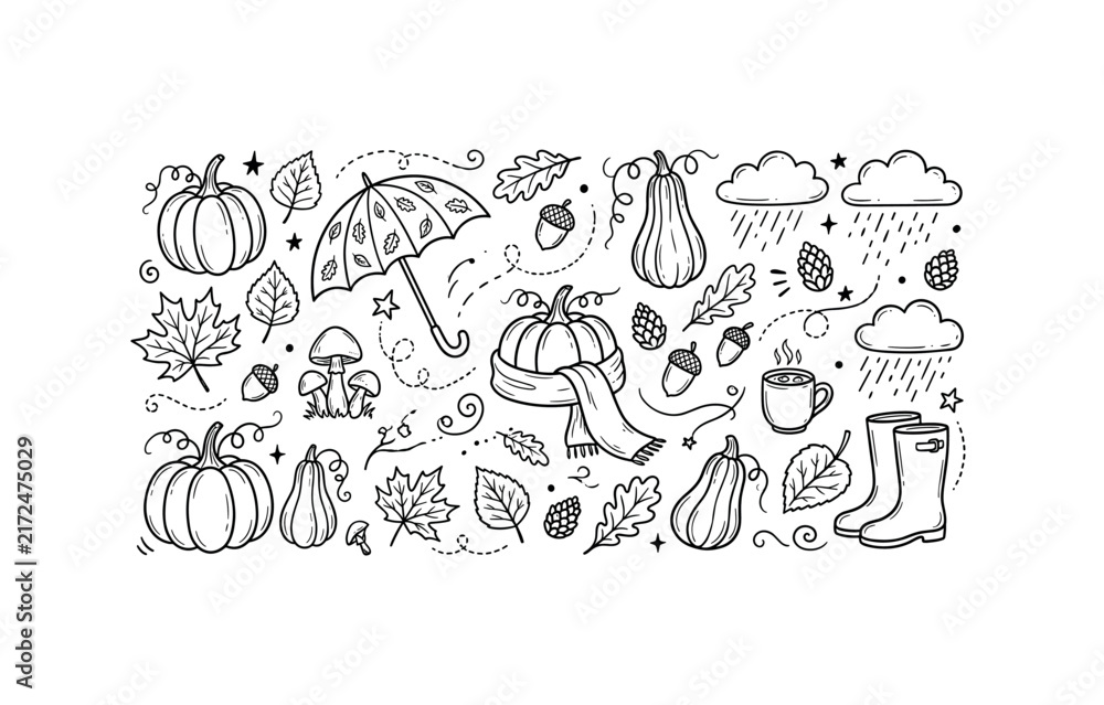 Naklejka premium Hand-drawn autumn doodles featuring pumpkins, leaves, and cozy elements