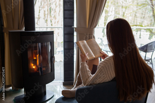 A young woman with long chestnut hair sitting in an armchair by a fireplace in a country house, reading a book, with a large window behind her showing a snowy winter forest.