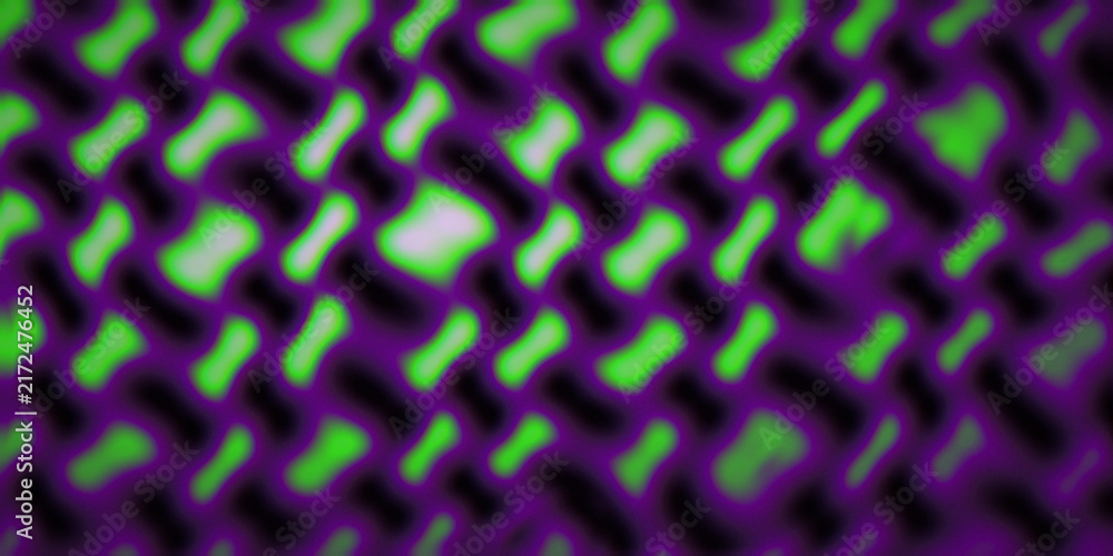 Obraz premium Seeping gyroid lattice drifts through purple and green gradients with warped smoke waves and grain.